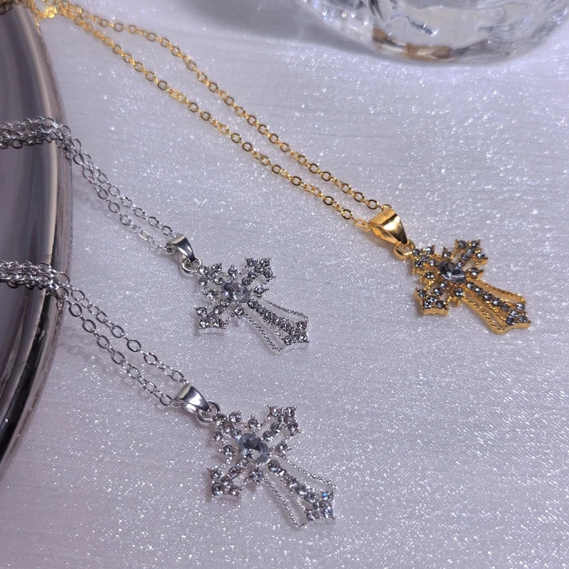 Gothic Big Zircon Cross Necklace Unisex Y2K Irregular Goth Large Cross Pendant Necklaces  for Men Women Couple Necklace Jewelry