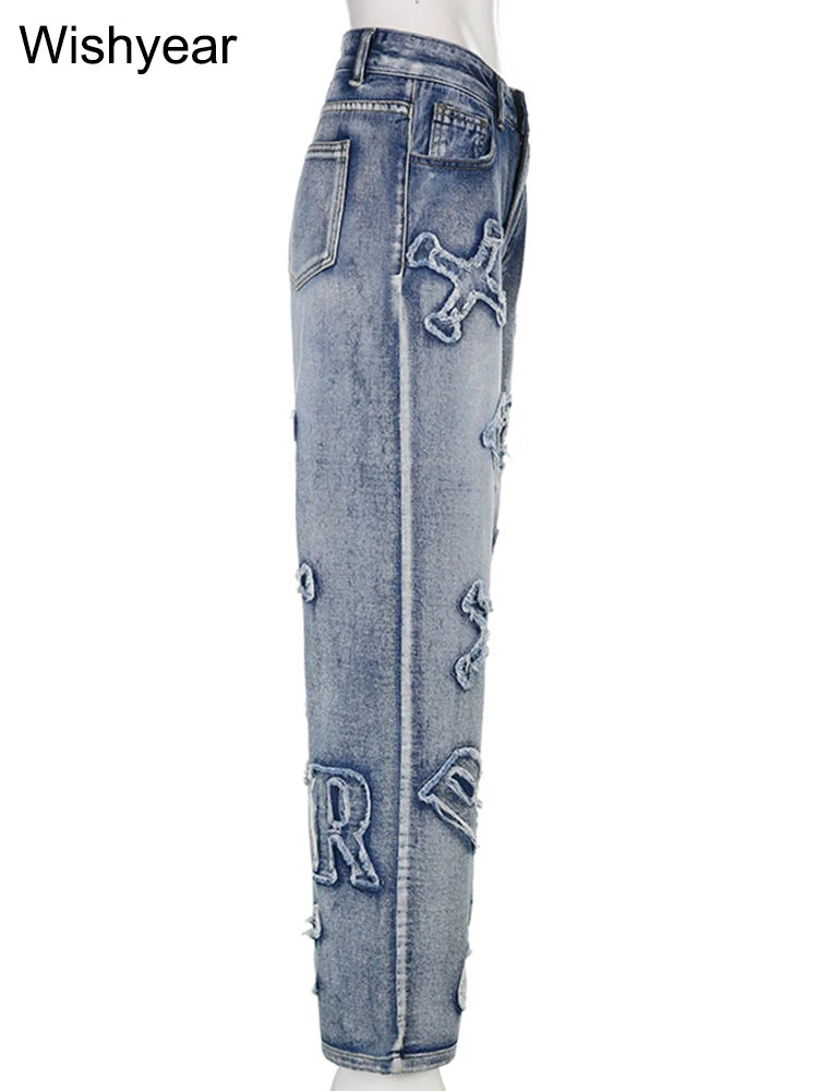 High Waist Letter Ripped Jeans Fashion Women Winter Straight Trousers