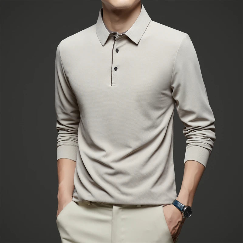 New Men's Business Casual  Long Sleeve Solid Color Polo Shirt Fashionable Warm Comfortable Four Seasons Versatile Top