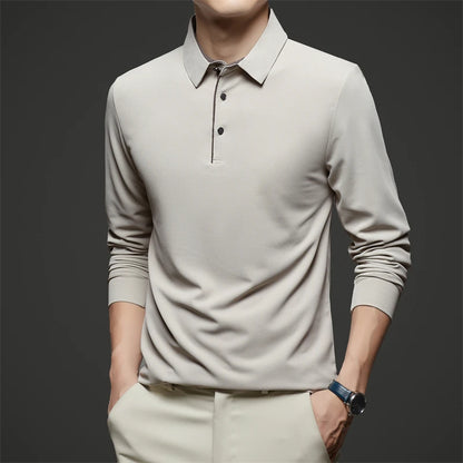 New Men's Business Casual  Long Sleeve Solid Color Polo Shirt Fashionable Warm Comfortable Four Seasons Versatile Top