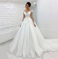 Ivory Wedding Dress Tulle V-neck A-line Long