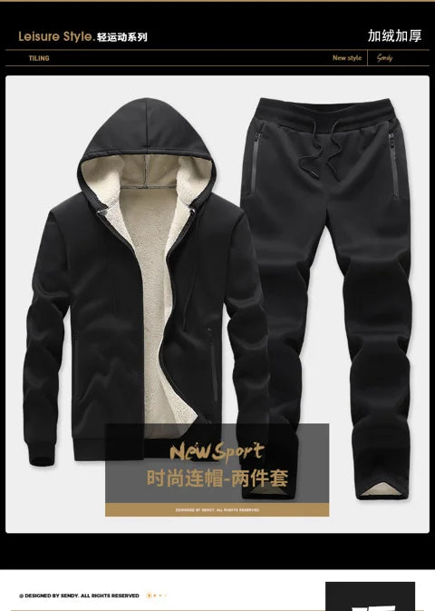 Hooded lambskin medium and elderly large size warm suit with plush thick hoodie jacket+thick pants two-piece set