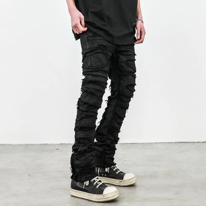 Mens Black Skinny Denim Jeans Heavy Destruction Washed Ripped Tapered Biker Jeans
