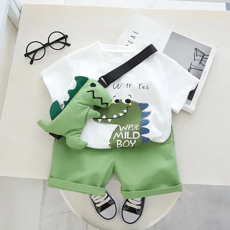 Kids Boys Summer Birthday Clothes Sets Cartoon Animal Print T-shirt Shorts 2pcs/Set with Doll