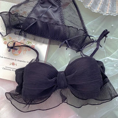 Japanese Bras Lolita Girls Folds Bow Lovely Underwear Set Mesh Sweet Rimless