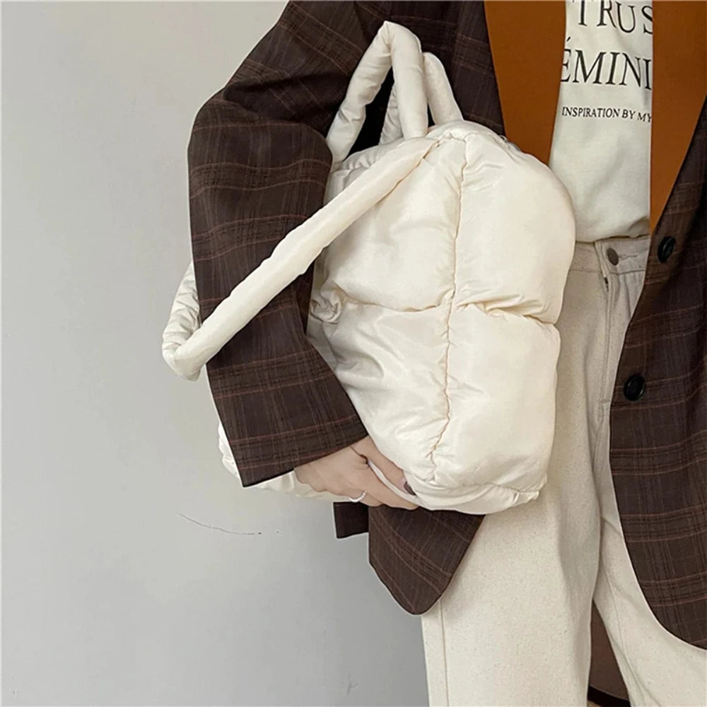 Women Retro Checkered Quilted Shoulder Bag Solid Color Winter Soft Handbags