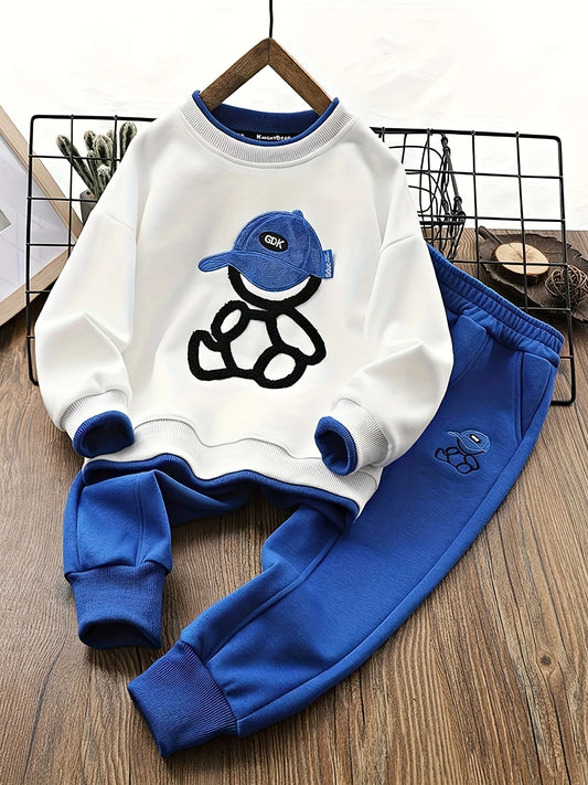 Teenage Boy Clothes Children Girl fake two pieces Sweater Pullover And pants Set kid Embroidery Cartoon Bear Top Bottom Suit