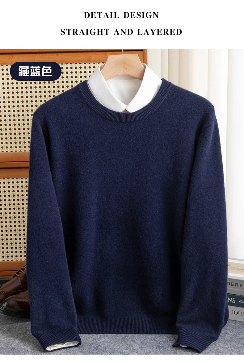 Pure Wool Sweater Men's Autumn Winter O-Neck Pullovers Business Casual
