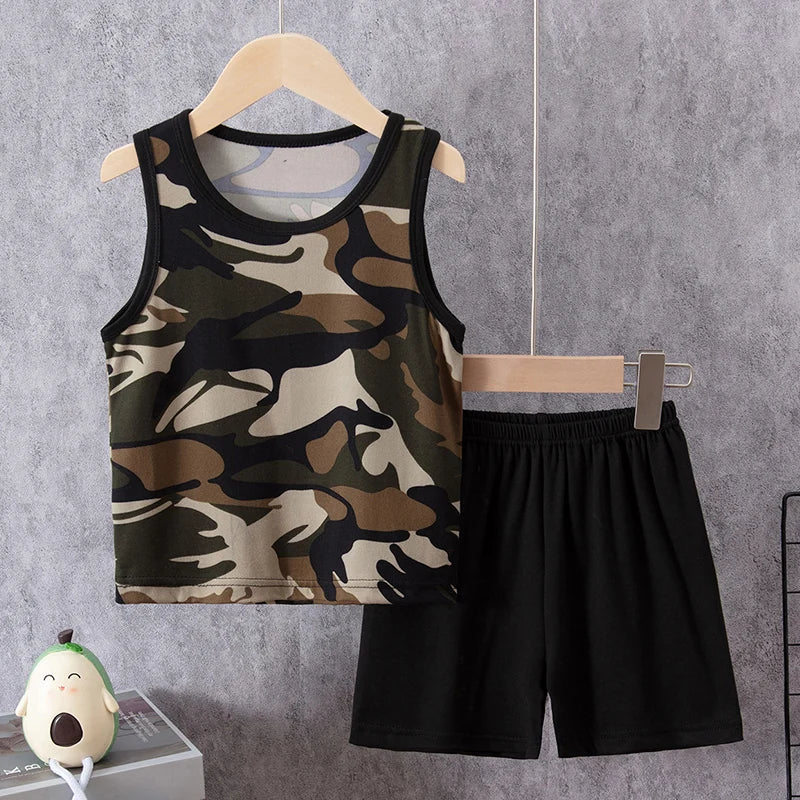 2-Piece Boy Summer Fun Printing Set Children's Casual Joker Camo Dinosaur Vest Girl Fashion Holiday Comfort Shorts T-shirt Set