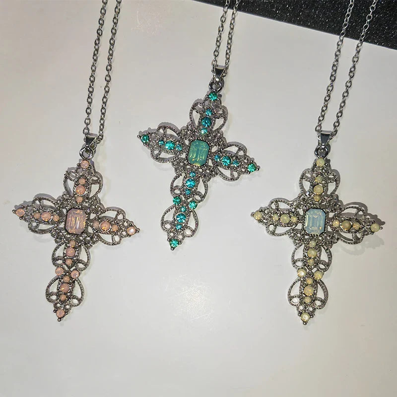 Gothic Big Zircon Cross Necklace Unisex Y2K Irregular Goth Large Cross Pendant Necklaces  for Men Women Couple Necklace Jewelry