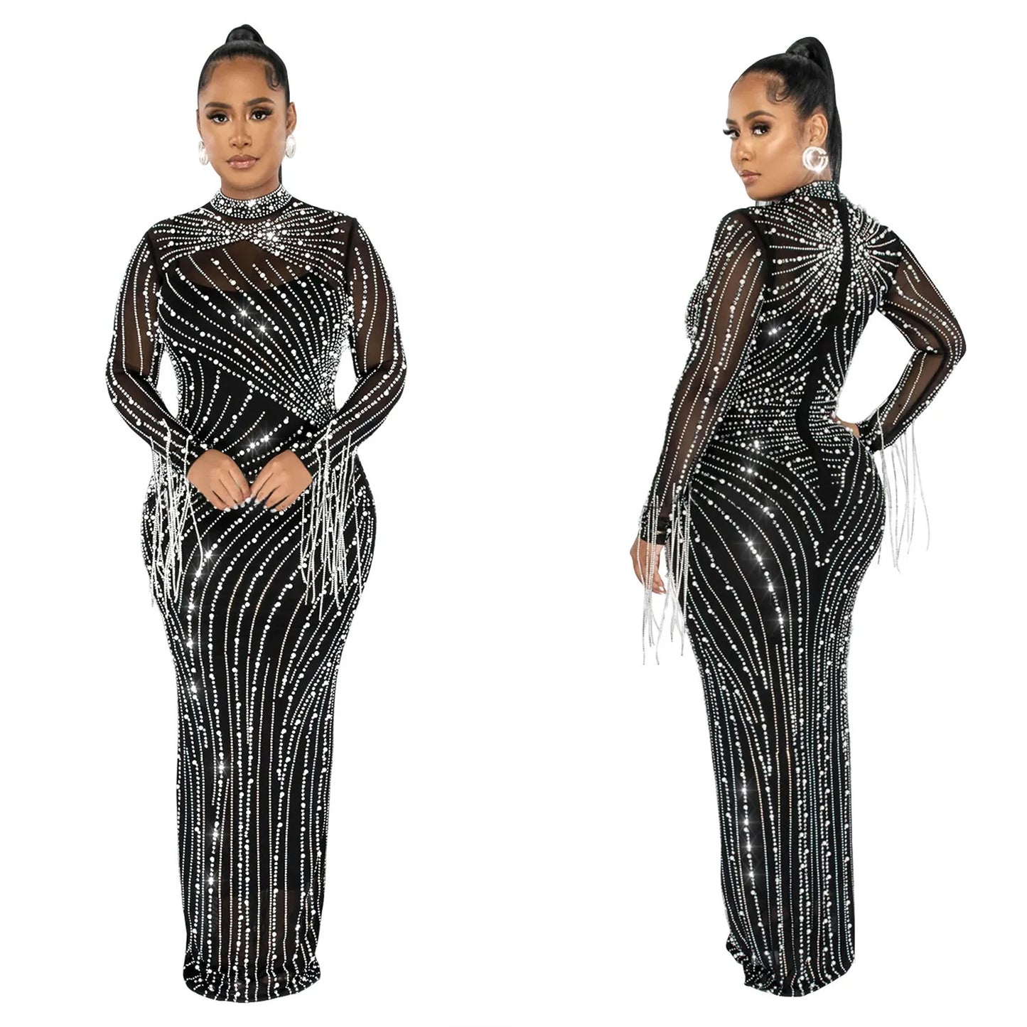 Evening wear Dresses: Women's Mesh Diamonds Long Sleeve Prom Dresses