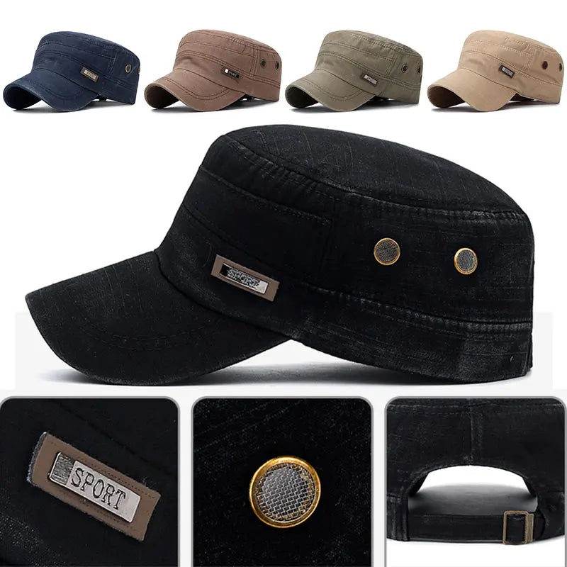 Vintage Washed Cotton Military Caps Flat Top Baseball Cap Adjustable Fitted Thicker Cap Sun Protection Men Women Cadet Army Cap