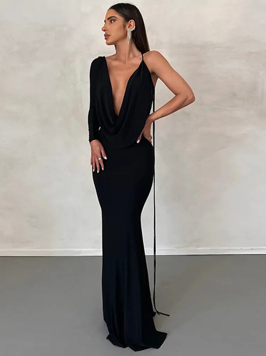 Dulzura Lace Up Long Sleeve One Shoulder Maxi Dress For Women Bodycon Party Elegant Outfits Birthday Evening 2023 Summer