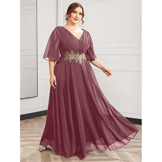 Evening wear Dresses: Plus Size Chiffon Flower Patch V Short Sleeve Dress