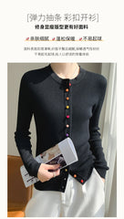 Women's 100% Merino Wool Sweater Round Collar Colorful Buckles Slim Fit Cardigan