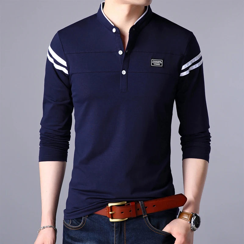 Men's Fashion Summer Long Sleeved POLO T-shirt Casual Cotton Breathable Top Stand Up Neck Long Sleeve Korean Comfortable Shirt
