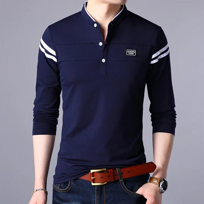 Men's Fashion Summer Long Sleeved POLO T-shirt Casual Cotton Breathable Top Stand Up Neck Long Sleeve Korean Comfortable Shirt
