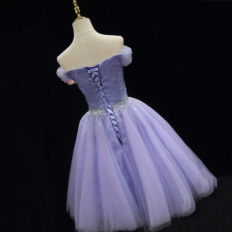 Homecoming Dresses: Evening Dress Purple Tulle Beading Pleat Off the Shoulder