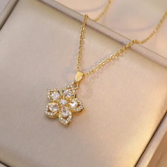 Stainless Steel Gold Plated Romantic Rotatable Flower Zirconia Pendant Necklace