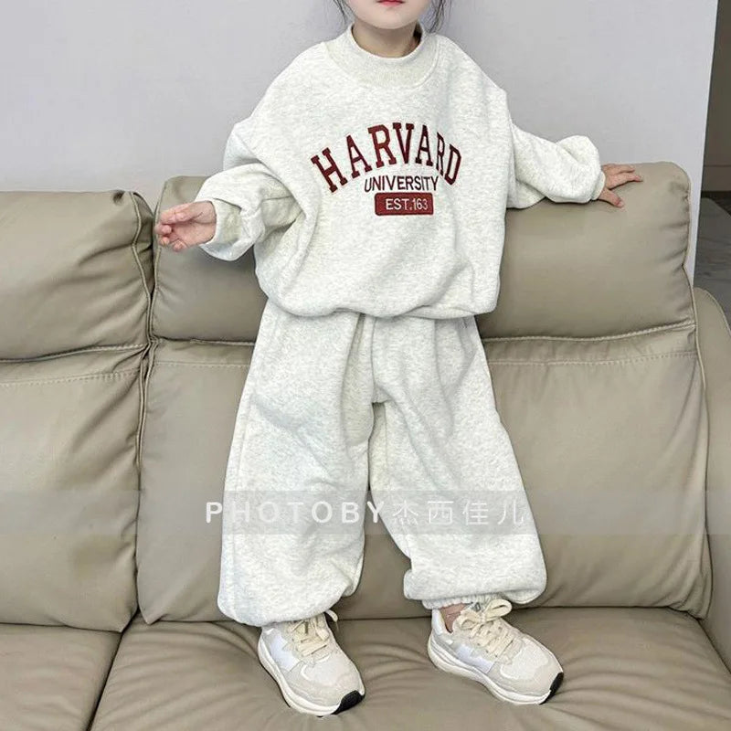 Children Clothing Fashion Simple Letter Printing Set 2024 Winter New Boys and Girls Loose Casual Thickened Hoodie Two Piece Set