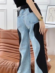 Women's Jeans High Waist Black Blue Wave Spliced Straight Tube Wide Leg Denim