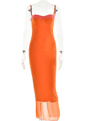 Laxsesu Strapless Lace Dress Spaghetti Strap Backless Orange Mesh Dress