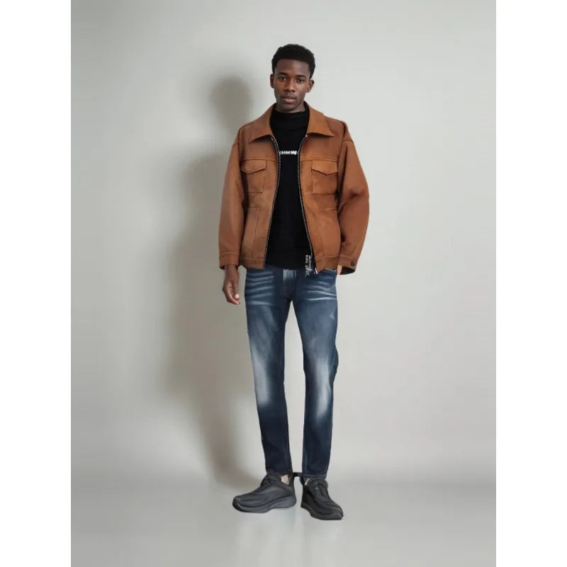 Vintage High Street Suede Material Crock Jacket With Zipper Lapel Casual Short Jacket