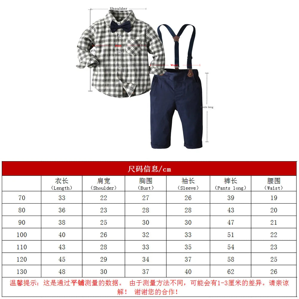 Children's Plaid Shirt and strap pants set for Boys with Bow Tie baby boy clothes 0 to 3Y Autumn Boys Clothes 70-130cm