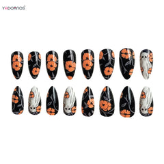 24pcs Dark Black Fake Nails Halloween Theme False Nail Patches Orange Flower Ghost