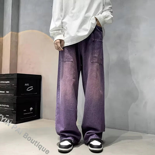 Purple Wide Jeans for Men Ins Fashion Hip Hop Denim Trousers Vintage Casual Pants