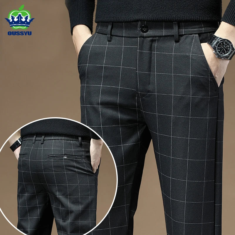 Men's Dress Pants Fashion Plaid Stripe Business Slim Fit Office Classic Retro Suit Pant