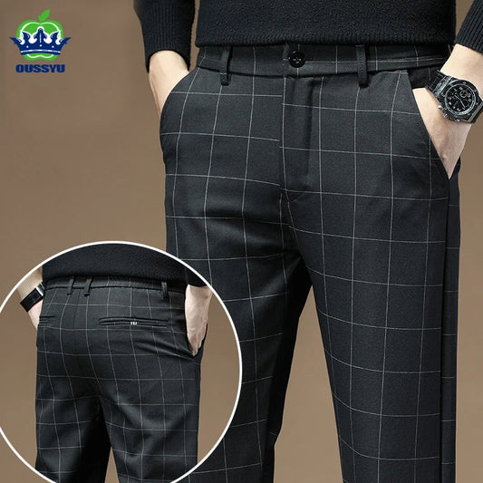 Men's Dress Pants Fashion Plaid Stripe Business Slim Fit Office Classic Retro Suit Pant