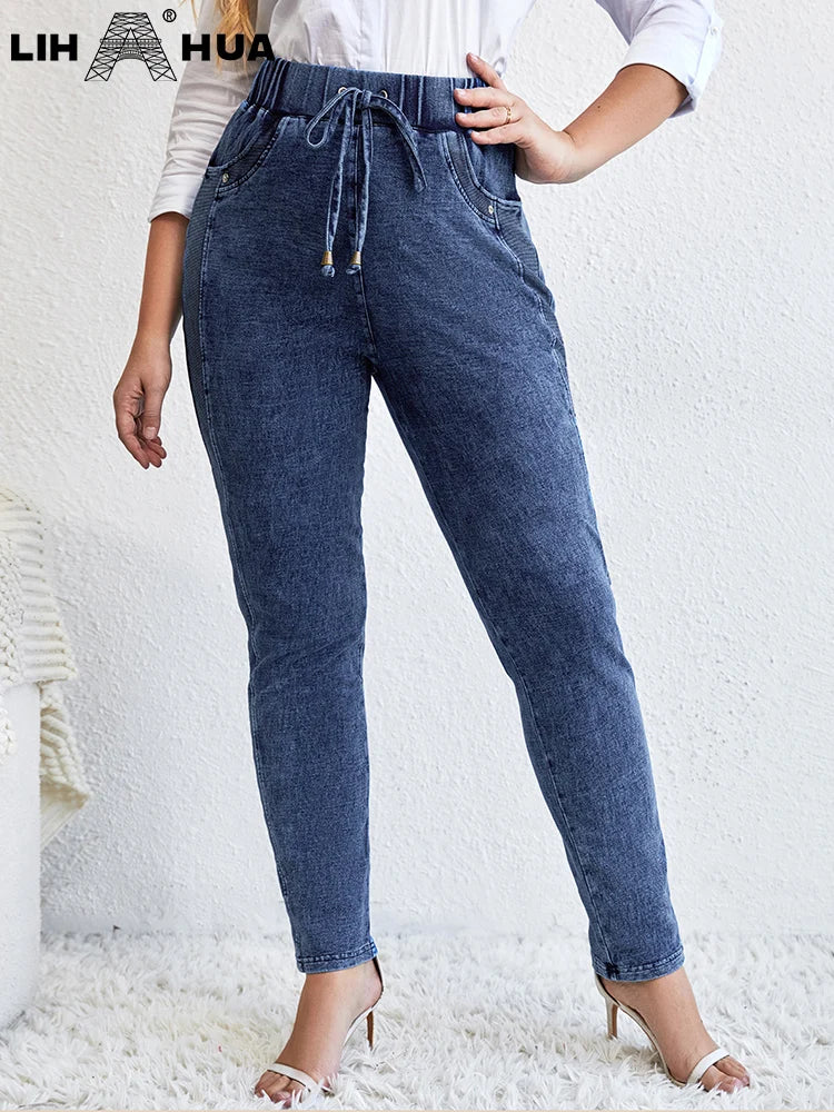 Women's Plus Size Jeans Autumn High Stretch Cotton Knitted Denim Trousers