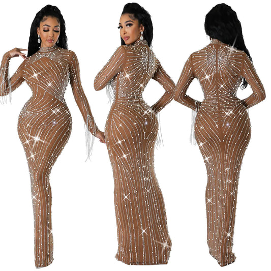 Evening Dresses: Luxury Women's Mesh Diamonds Long Sleeve Prom Dresses