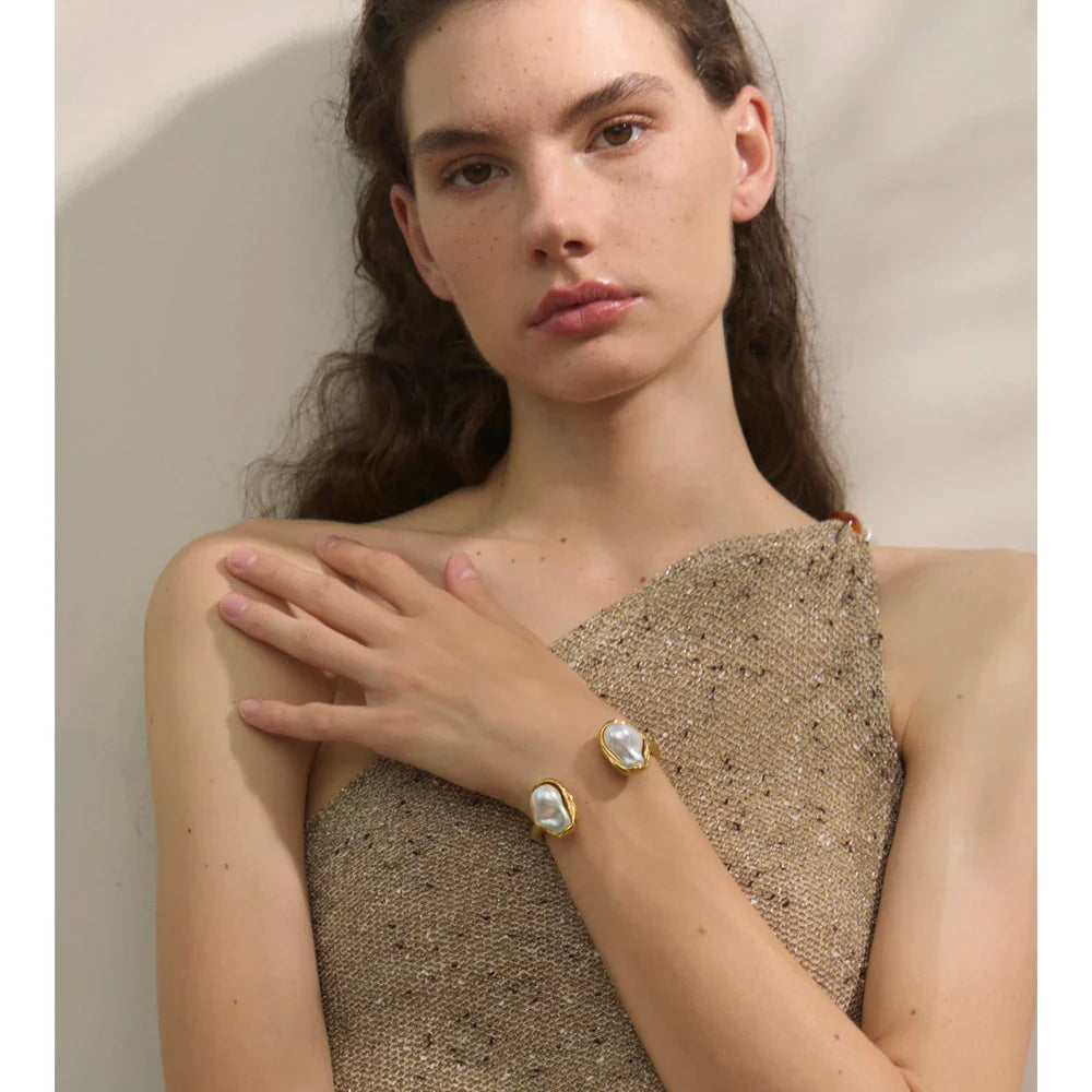 Yhpup 59mm Stainless Steel Baroque Simulated Pearls Cuff Bracelet Bangle Tarnish Resistant Gold Color Wrist Jewelry New