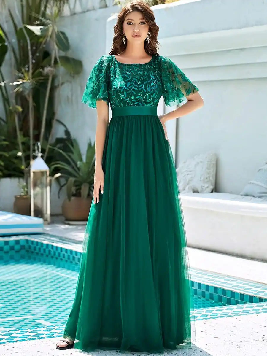 Homecoming Dresses: Women's Burgundy A-Line Sequin Mesh Leaf Maxi Prom Dress