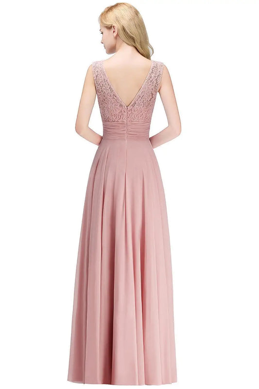 Dusty Pink Chiffon Lace Long Evening Dresses For Women Zipper Back Formal Party Prom Gown With Sashes Vestido De Festa