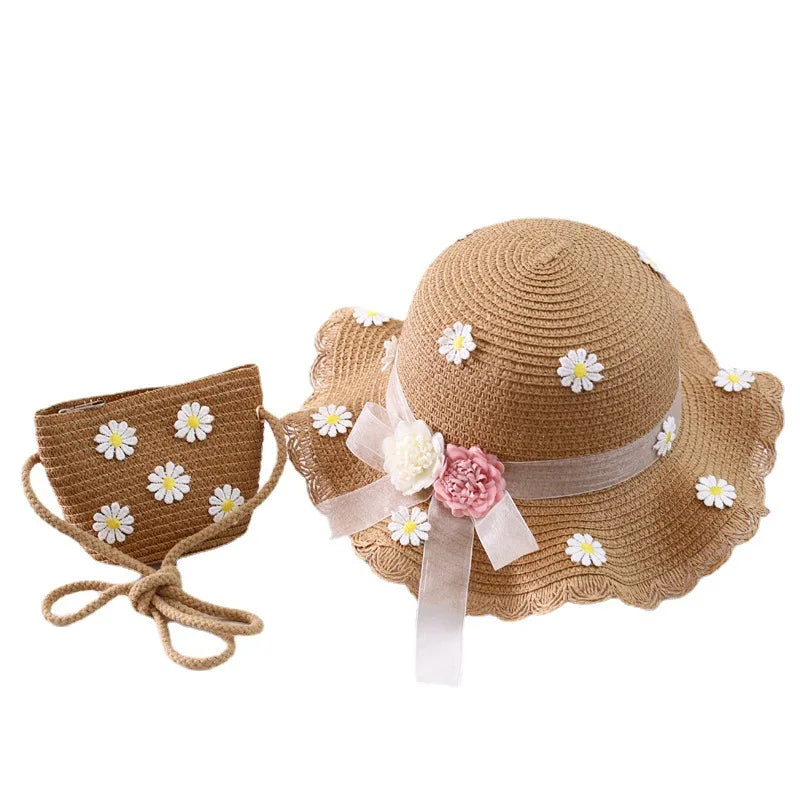 little girls summer straw sun hats and straw shoulder bags