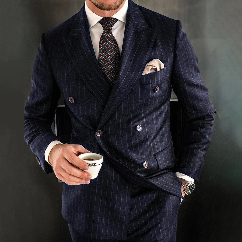 Tuxedo for Mens: Navy Blue Striped Men Suits Fashion Peak Lapel Double Breasted