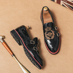 Men Party Flats Black Golden Formal Patchwork Tassel Leather Casuals Shoe Handmade