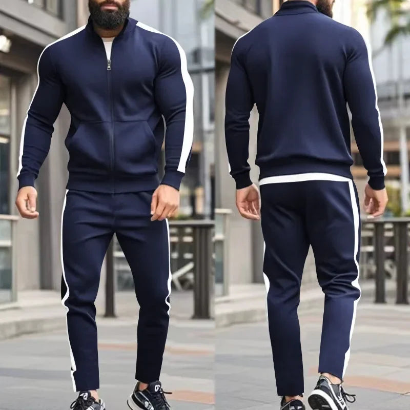 2025 Spring Autumn Men's 2-Piece Set Color Blocking Zipper Stand Collar Casual Sports Jacket Sweatshirt Trousers Suit