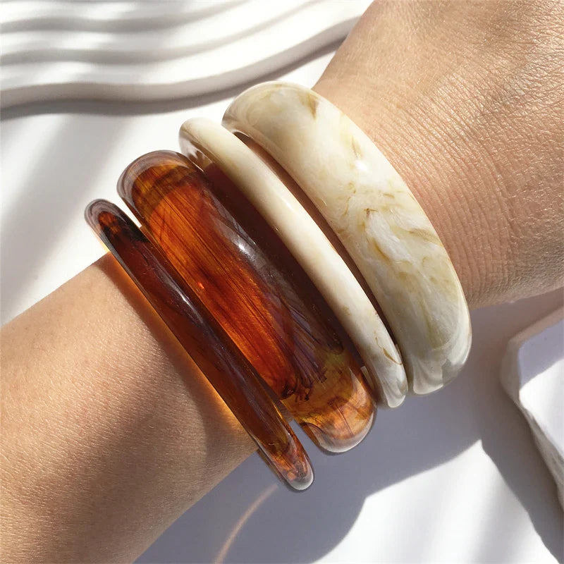 UJBOX 4-Piece Brown & Cream Marble Acrylic Resin Bracelet Bangle Set Stackable Jewelry Lightweight & Eco-Friendly Bulk Discount