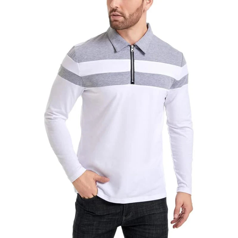 Men's Long Sleeve Striped Polo Shirts 1/4 Zip Cotton Patchwork Collared Shirt Casual Fashion Pullover Slim Fit Golf Shirt