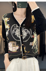 Spring And Autumn Wool Coat Jacket Women's Long Sleeve Wide V-Neck Printed