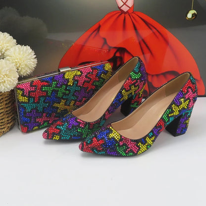 BaoYaFang 2024 New Arrival Multi Color Crystal Bridal wedding shoes Bag Female Ladies Party Shoes Woman Thin High Pumps