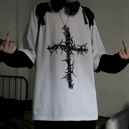 T-shirt for Men Summer Cross of Thorns Suitcase Men's T-shirts Long-sleeved Dark Hip-hop Men's oversize t-shirt Y2k T Shirt Tops