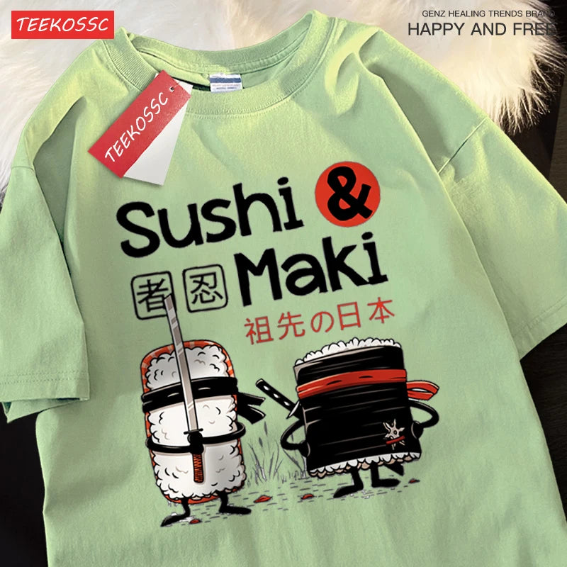 Theduc Sushi And Sushi Printing Men Women Tshirt Cotton T-Shirts Loose T Shirt Crewneck Loose Tops Fashion Clothes Unisex