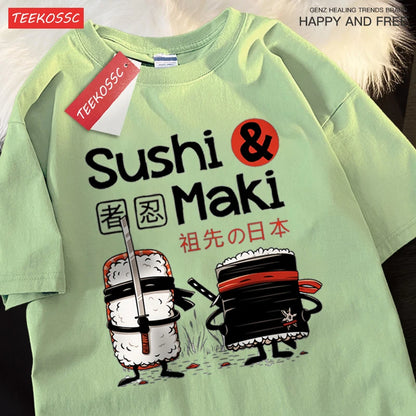 Theduc Sushi And Sushi Printing Men Women Tshirt Cotton T-Shirts Loose T Shirt Crewneck Loose Tops Fashion Clothes Unisex