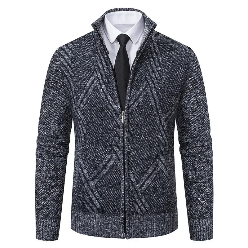 Winter Autumn Zip Knit Cardigan Men's Sweater Turtleneck Navy Knitted Fleece Coat
