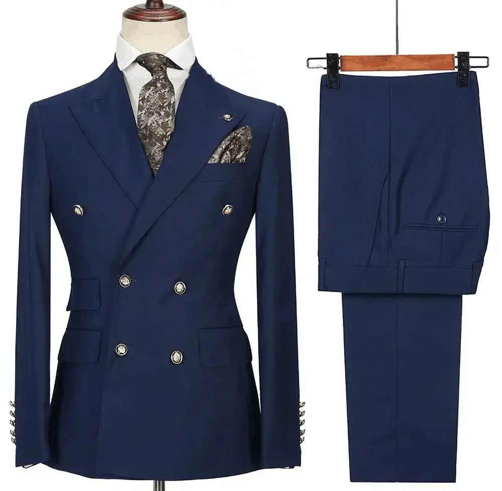 Tuxedo for Mens: Navy Blue Men Suit Two-piece Jacket Pants Double Breasted Buckle